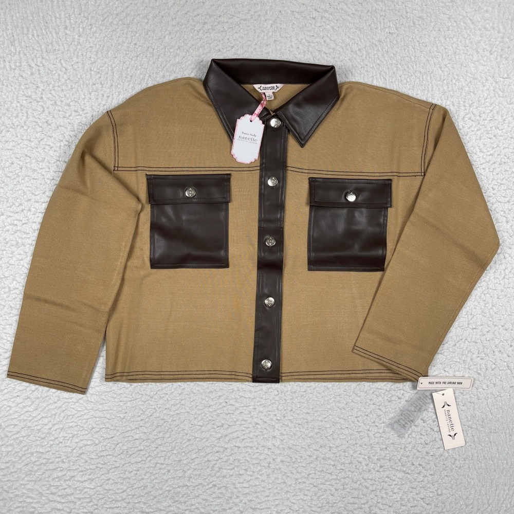 Nanette Lepore Sweater Jacket Womens‎ Large Camel Chocolate Faux Leather Combo